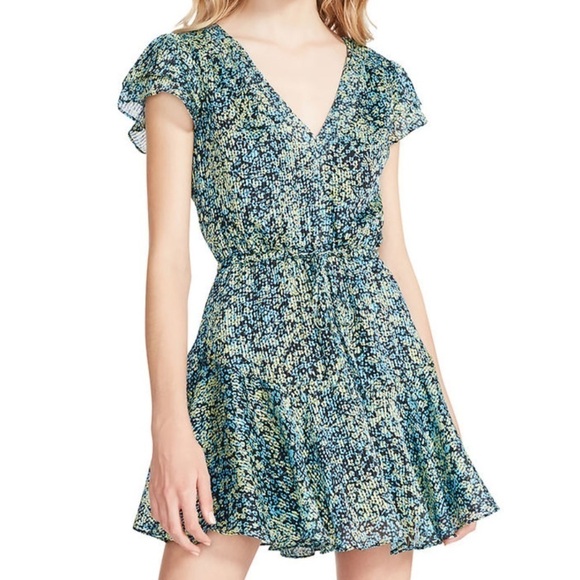 NWT Steve Madden Women's Ayra Chiffon Blue Yellow Floral Medium MIDI Dress - Picture 1 of 16
